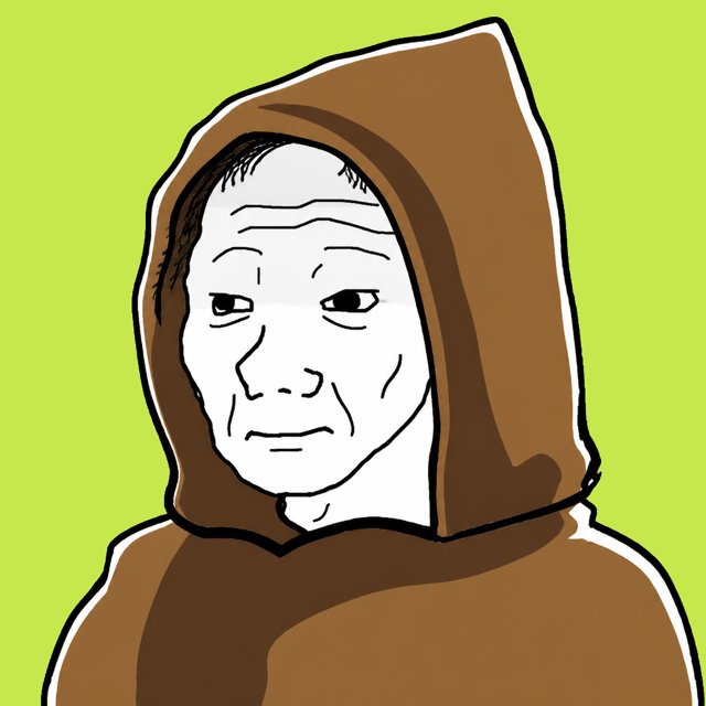 The Brother: classic wojak, weathered face, brown monk hood
