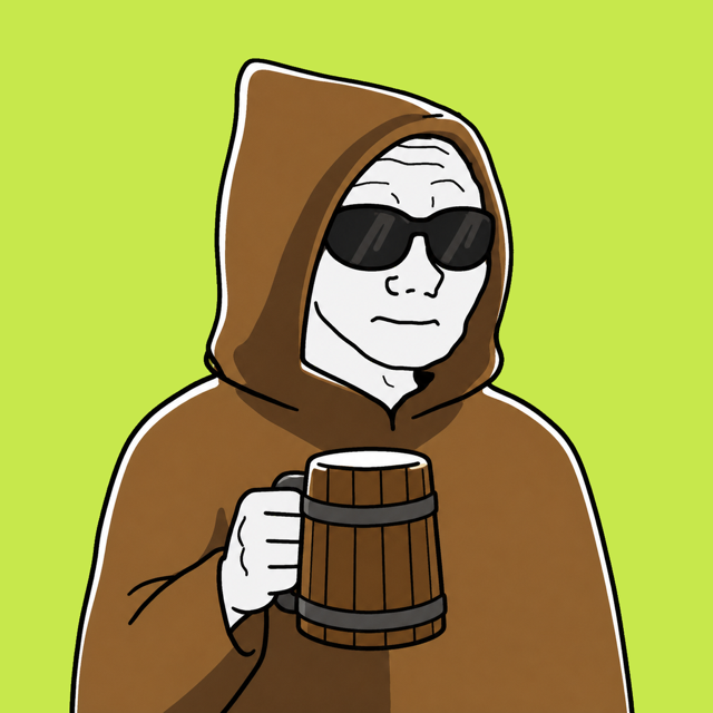 The Boomer: sunglasses wojak holding a wooden tankard, brown monk hood