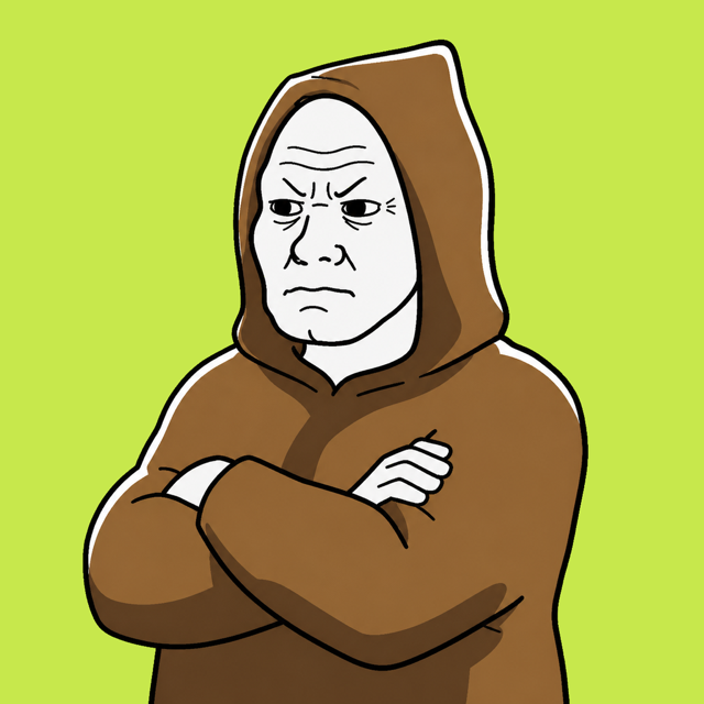 The Chud: grumpy chudjak, arms crossed, brown monk hood