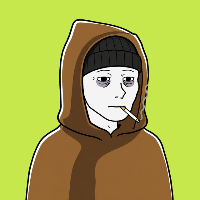 The Doomer: beanie wojak with cigarette, brown monk hood